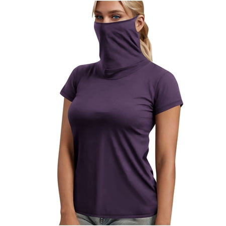 Women Turtleneck Short Sleeve with Face Mask Sun Protection UPF 50+ Fishing Hiking Shirt for Summer Causal