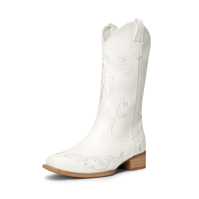 Bota DREAM PAIRS Vaquera con Punta Cuadrada Bordada Blanca Talla 9.5