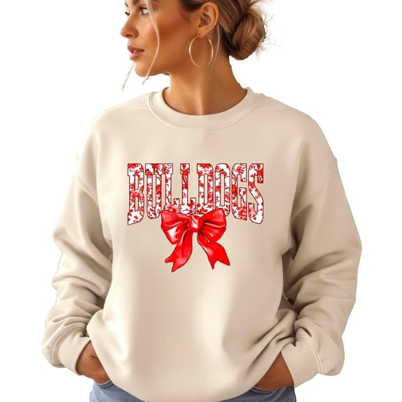 Trendy Bulldogs Sweatshirt for Women and Youth Girls Red Bow School Football Team Spirit Sweater Sand Sweatshirt Adult Small