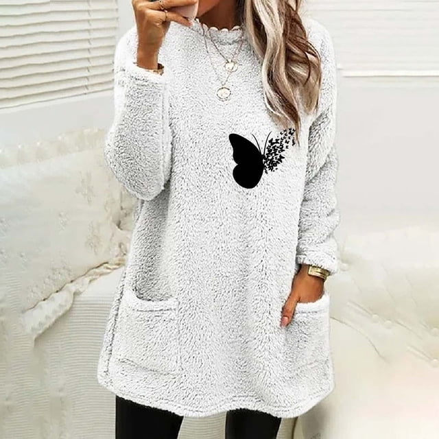 Liquidation d'Halloween Blouse à Col Rond pour Femmes et Hiver Ample avec Poche Imprimée Manches Longues Tops Grande Taille pour Femmes en Liquidation