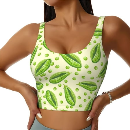 Qokaie Green Peas Pattern Womens Scoop Neck Sports Bra Breathable Workout Vest Padded U Back Medium Impact Fitness Gym Yoga Bra Workout Crop Top-XX-Large