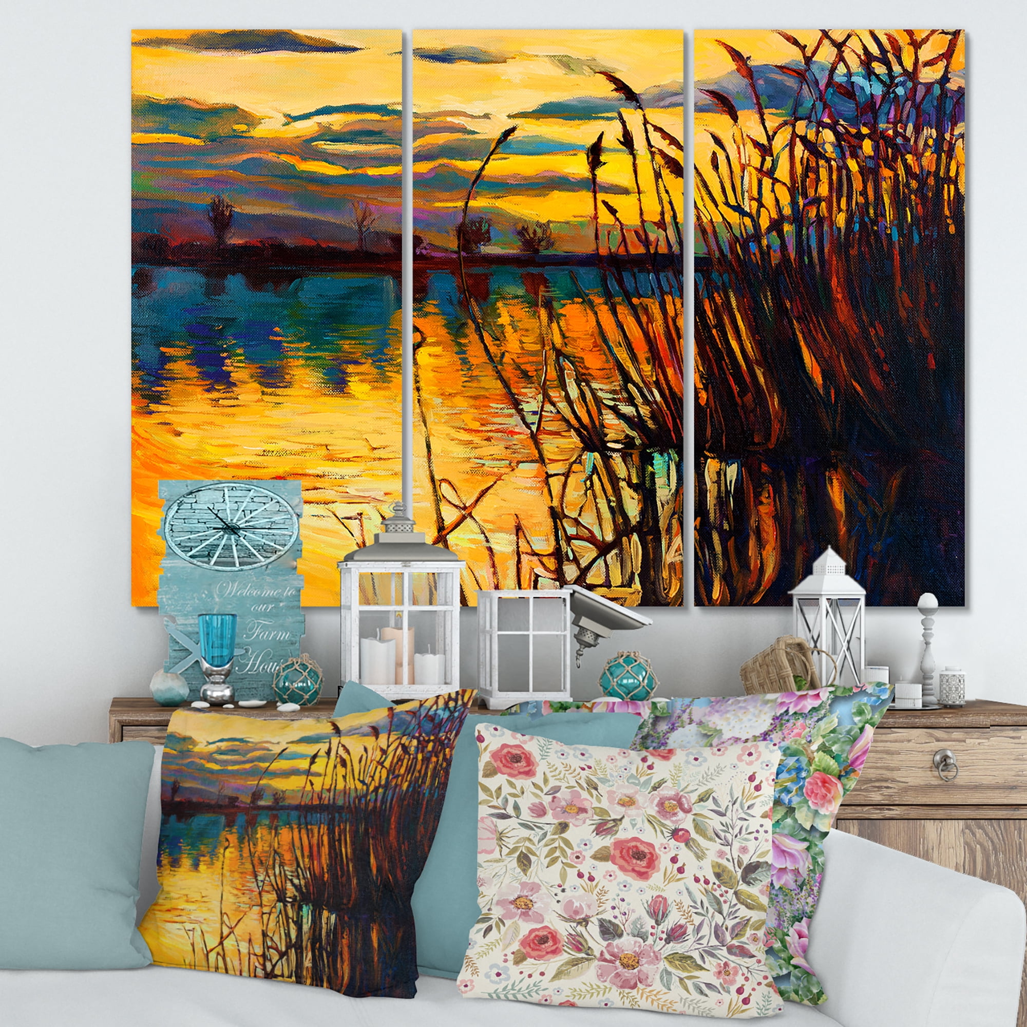 Designart ' Yellow Evening Glow Through The High Grass By The Lake ' Nautical & Coastal Canvas Wall Art Print