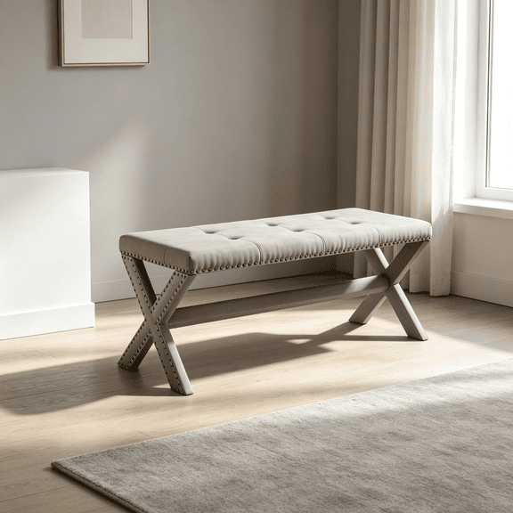 Glam Accent Bench for Bedroom and Living Room, Tufted Upholstered Storage Stool with Nailhead Trim, Modern Entryway Seat in Gray Linen