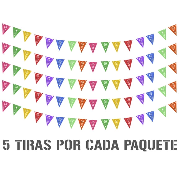 Banderín Calado Toda Ocasion | Guirnaldas | enramado | 5 tiras de 8 metros | diseño Toda Ocasion Flores multicolor de vibrantes | decoración de papel picado (Plástico) | Banderin triangular