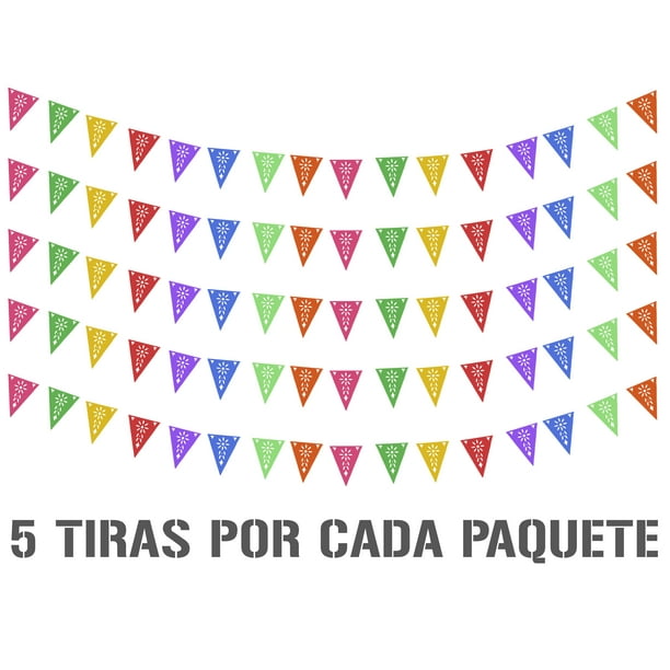 Banderín Calado Toda Ocasion | Guirnaldas | enramado | 5 tiras de 8 metros | diseño Toda Ocasion Flores multicolor de vibrantes | decoración de papel picado (Plástico) | Banderin triangular