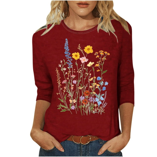 Liquidation d'Économies! Hauts Grande Taille pour Femmes BEFOKA en Liquidation, Blouse Décontractée d'Été T-shirt pour Femmes, Mode Féminine T-shirt Imprimé Col Rond Manches 3/4 Chandail Blouse