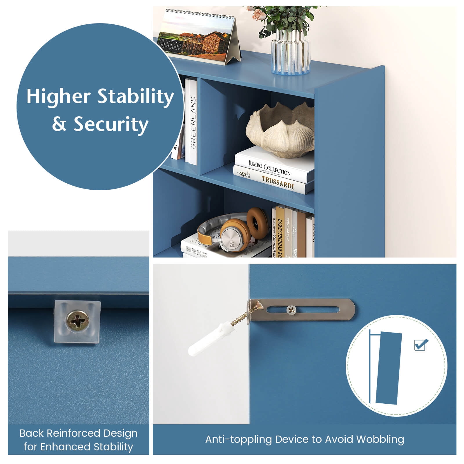 Costway 8 Cube 3-Tier Open Wooden Bookshelf Toy Storage Organizer with Anti-toppling Kits Blue