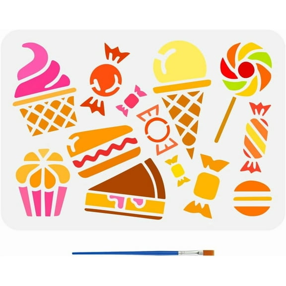 Desserts Stencils with a Paint Brush 11.7x8.3Inch Candy Lollipops Stencils Cake Ice Cream Pattern Stencil Macarons Painting Stencil Daily Themes Desserts Template for DIY Crafts