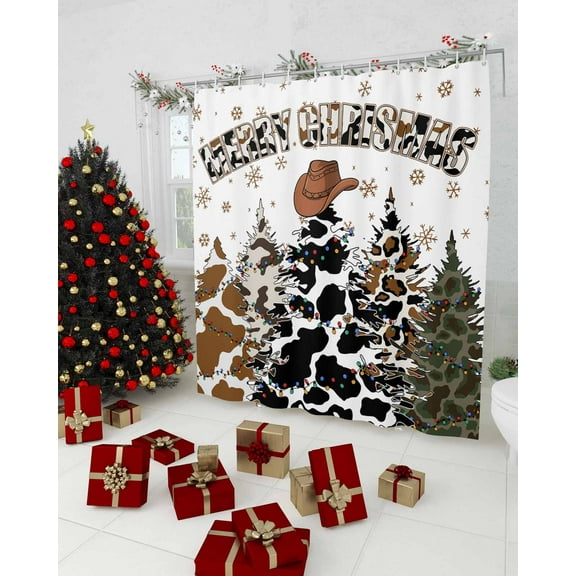 Western Christmas Tree Shower Curtain, Cowboy Xmas Tree Snowflake Waterproof Washable Boho Funny Cute Shower Curtains Set for Bathroom Farmhouse Bathtubs Decor with Hook, 36"Wx72"L