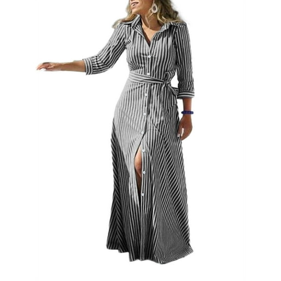 ZANZEA Women Turn-down Collar Striped Belted Button Down Maxi Dress
