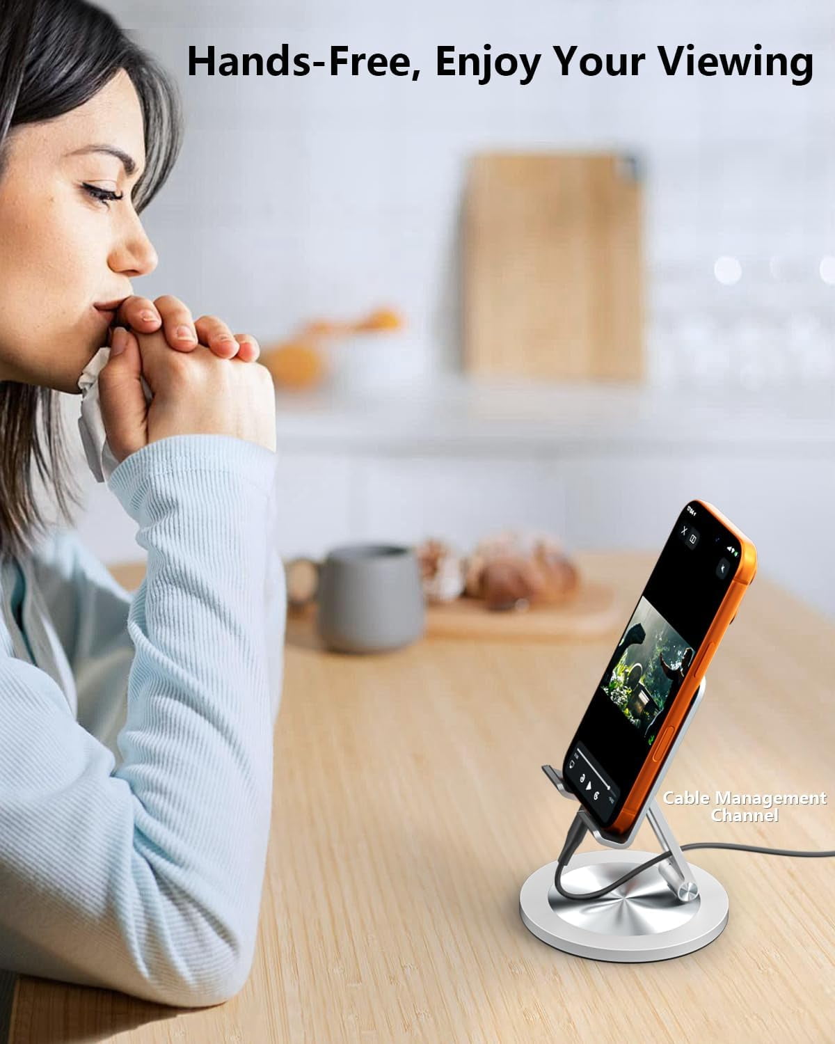 360 Rotating Phone Holder for Desk, Dual-Adjustable Foldable Heavy-Duty Bases Aluminum Phone Stand Compatible with iPhone 17 16 15 14 13 12 11 Series, Galaxy, 4-8" All Phones (Silver)