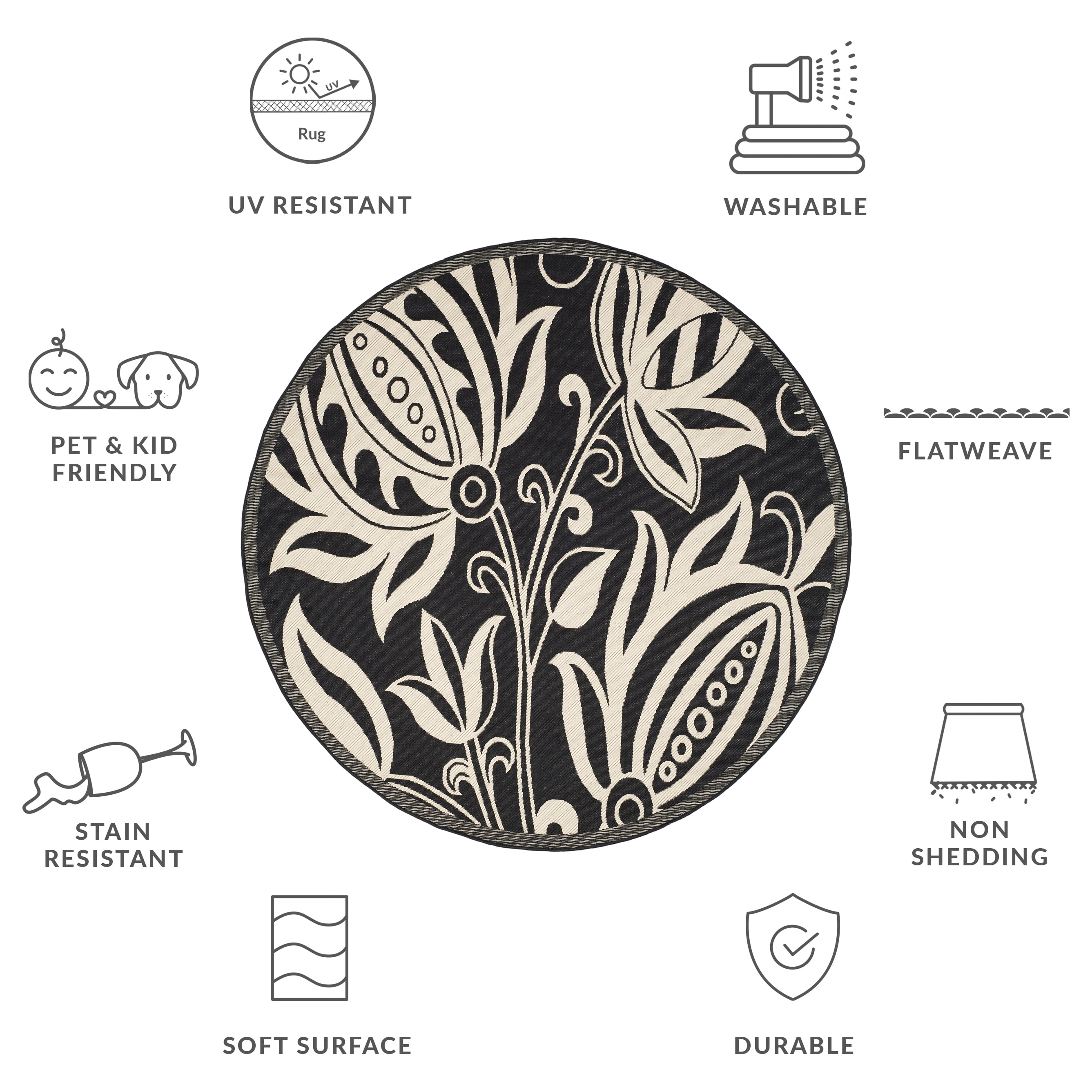Safavieh Courtyard Crystal Floral Indoor/Outdoor Area Rug, Black/Sand, 7'10" x 7'10" Round
