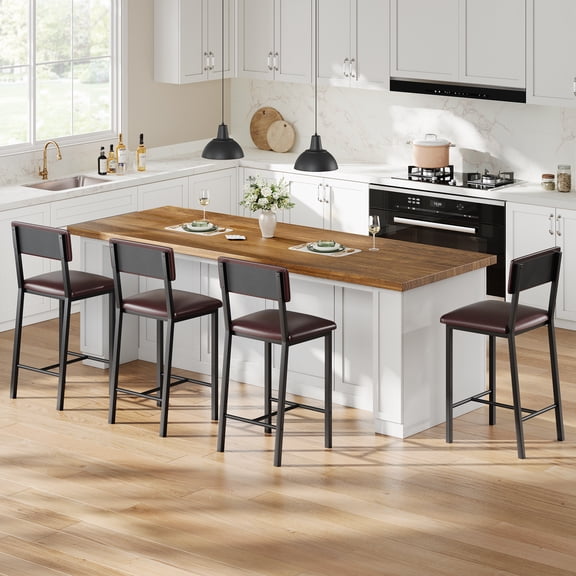 Set of 4 Bar Stools, 25" Height Counter Stools with Ergonomic Backrest, PU Leather Seat, Heavy-Duty Metal Frame for Kitchen, Bar, Restaurant