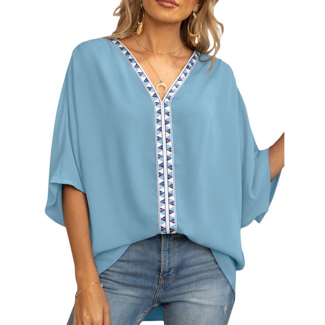 SAYOO Dolman manga cuello en V mujer #39;st - camisa gasa suelta Split verano Street Top SAYOO moda