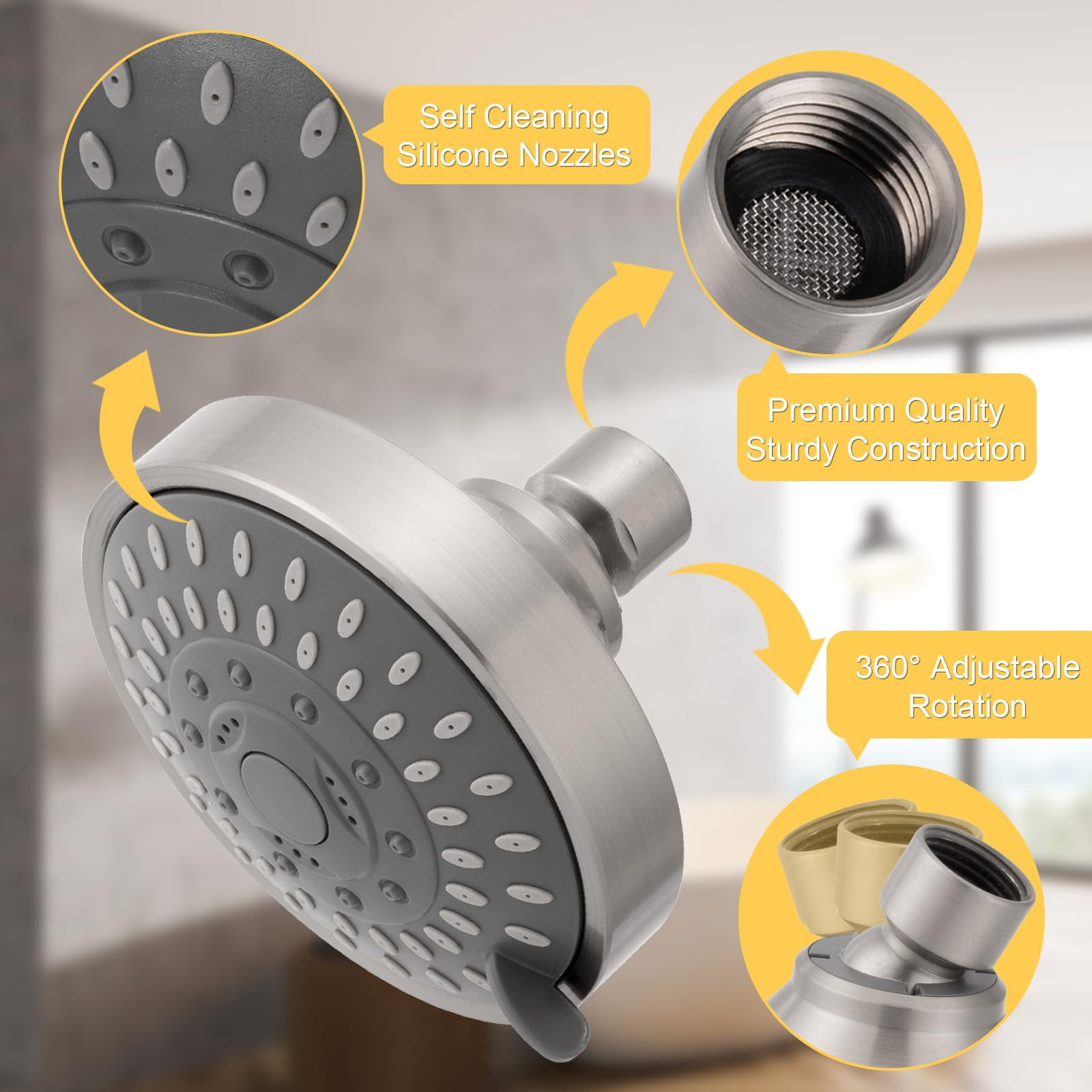Shower Head High Pressure Rain Fixed Showerhead 5-Setting with Adjustable Metal Swivel Ball Joint - Relaxed Shower Experience Even at Low Water Flow & Pressure