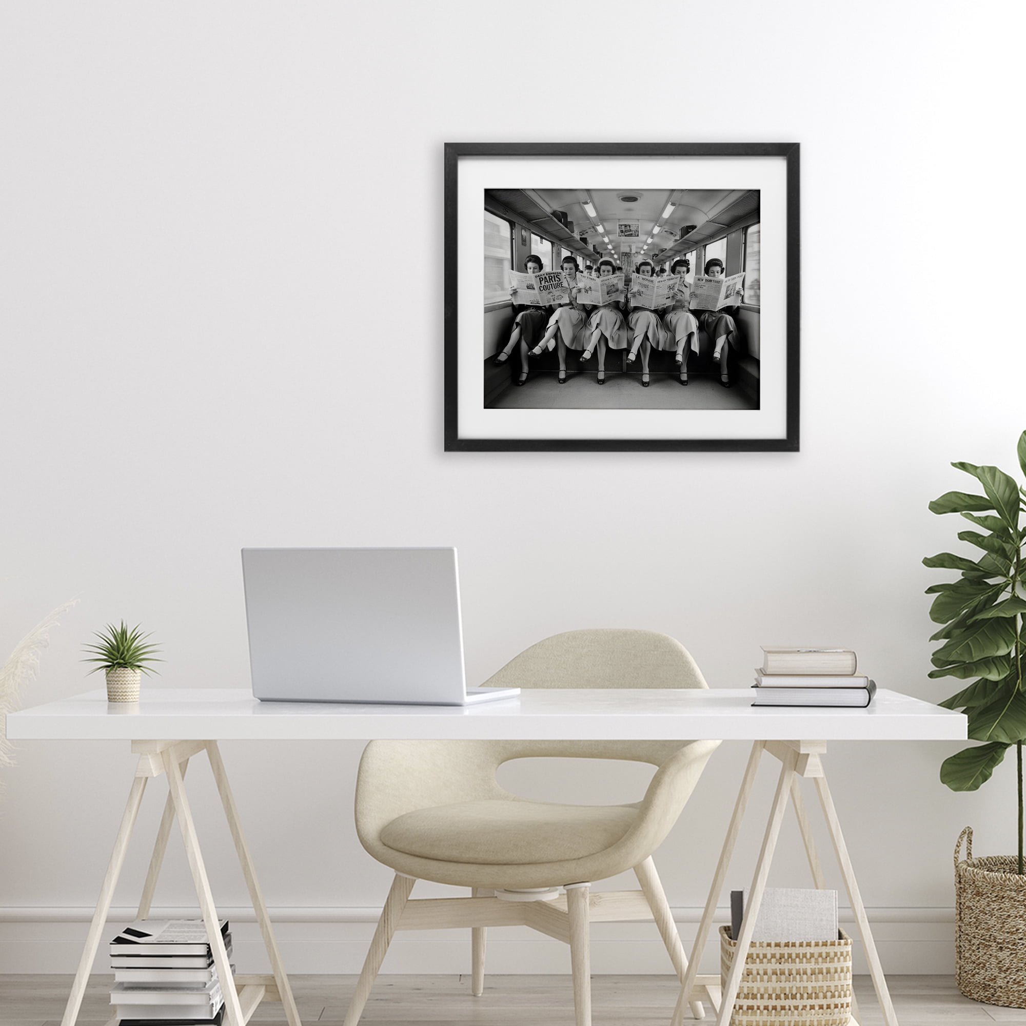 Stupell Industries Newsprint Ladies on Train Black Framed Print Under Glass, design by A Barefoot Stylist