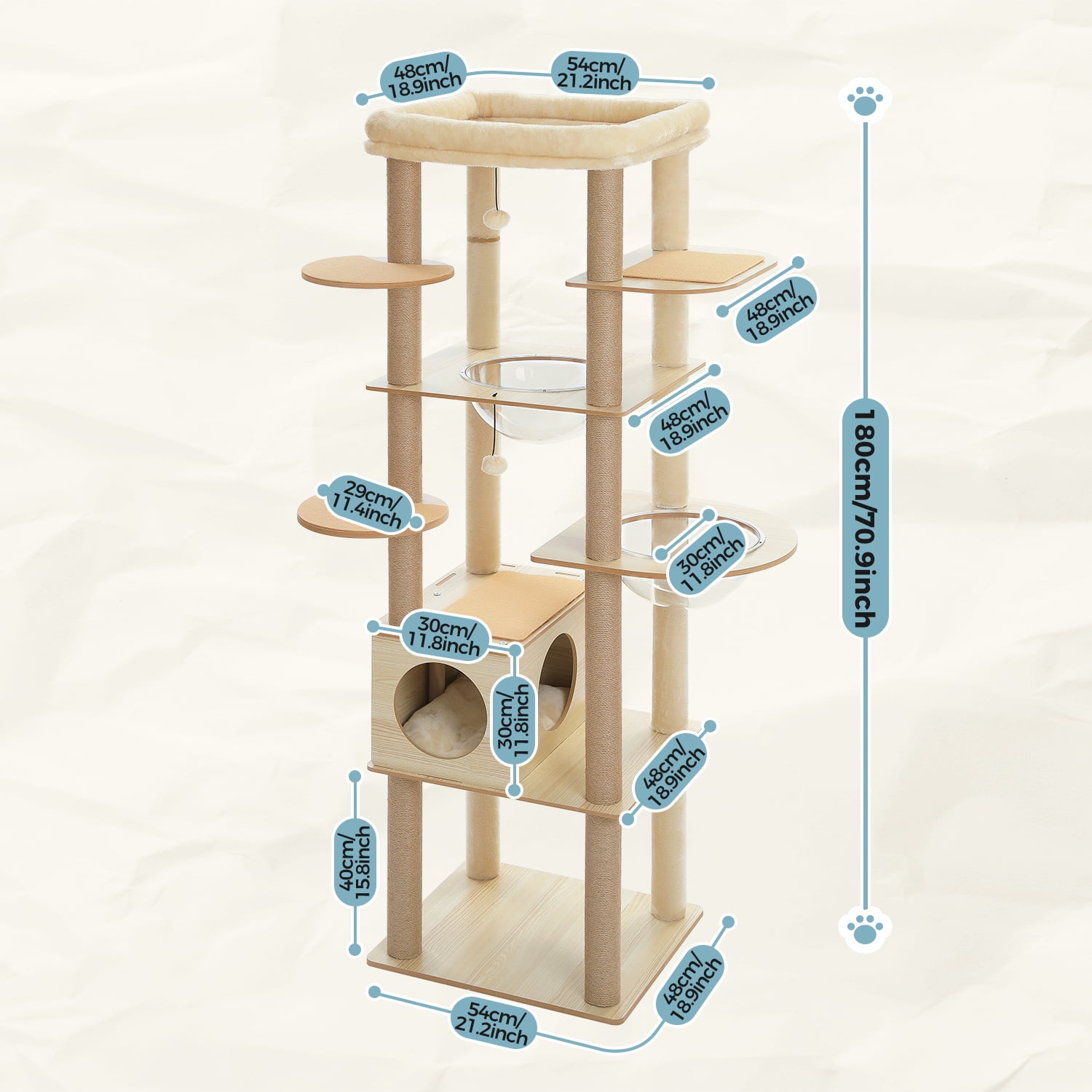 Kadyn 71" Wooden Cat Tree Tower for Multiple Cats, Modern Cat Tree House with Cat Condo for Indoor Cats, Beige