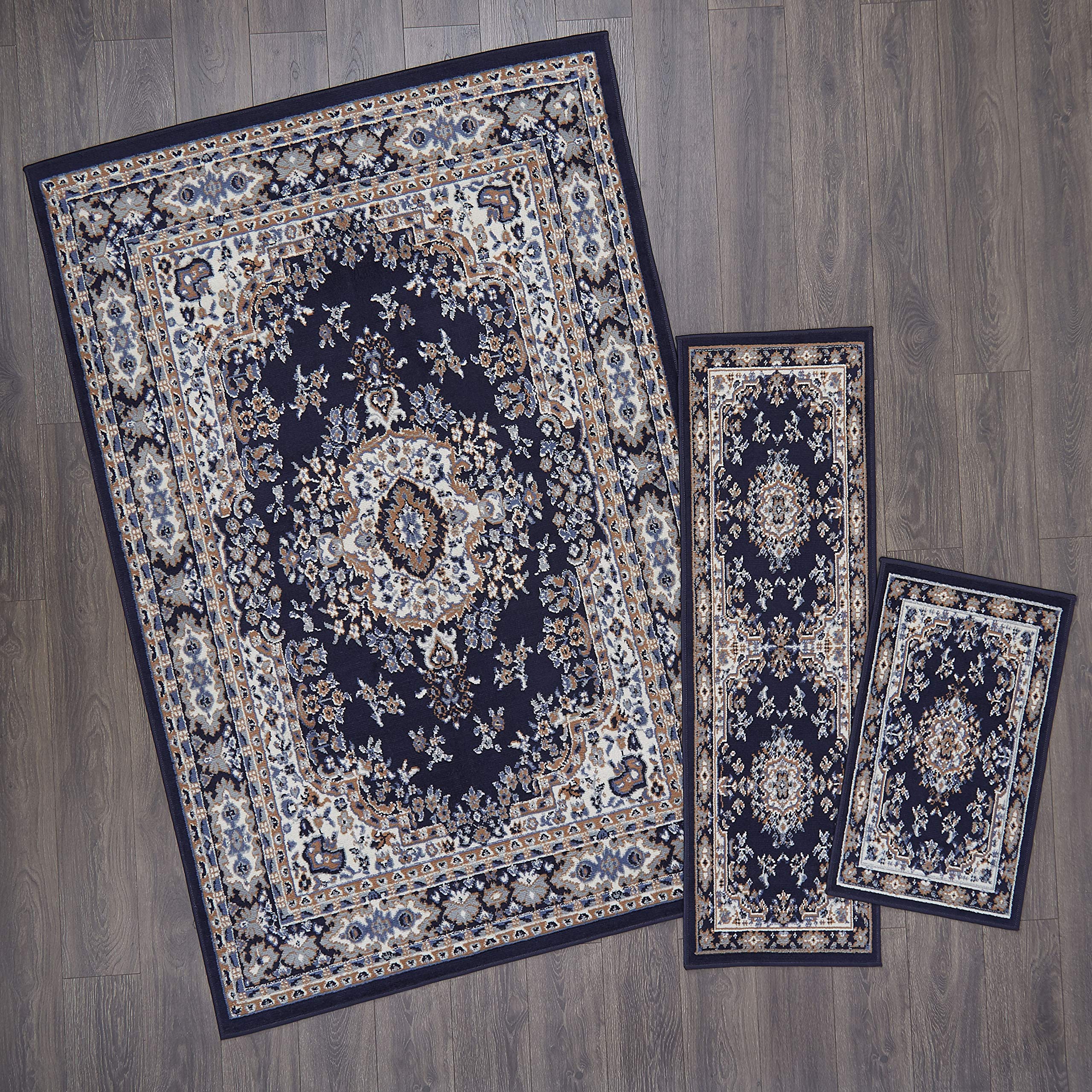 Home Dynamix Ariana Ksara Area Rug 3 Piece Set (4'11" x6'11,1'8" x4'11,1'8" x2'8), Border Navy