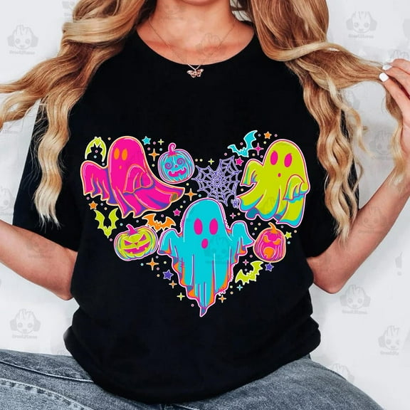 Retro Ghost Heart Halloween T-Shirt, Neon Boo Ghost Fall Tee, Cute Pumpkin Season Shirt, Girly Halloween Aesthetic Graphic Top