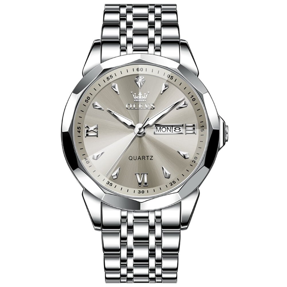 OLEVS Watches for Men Diamond Business Dress Classic Casual Analog Quartz Stainless Steel Waterproof Luminous Date Men Wrist Watches Reloj Para Hombre Gray Dial
