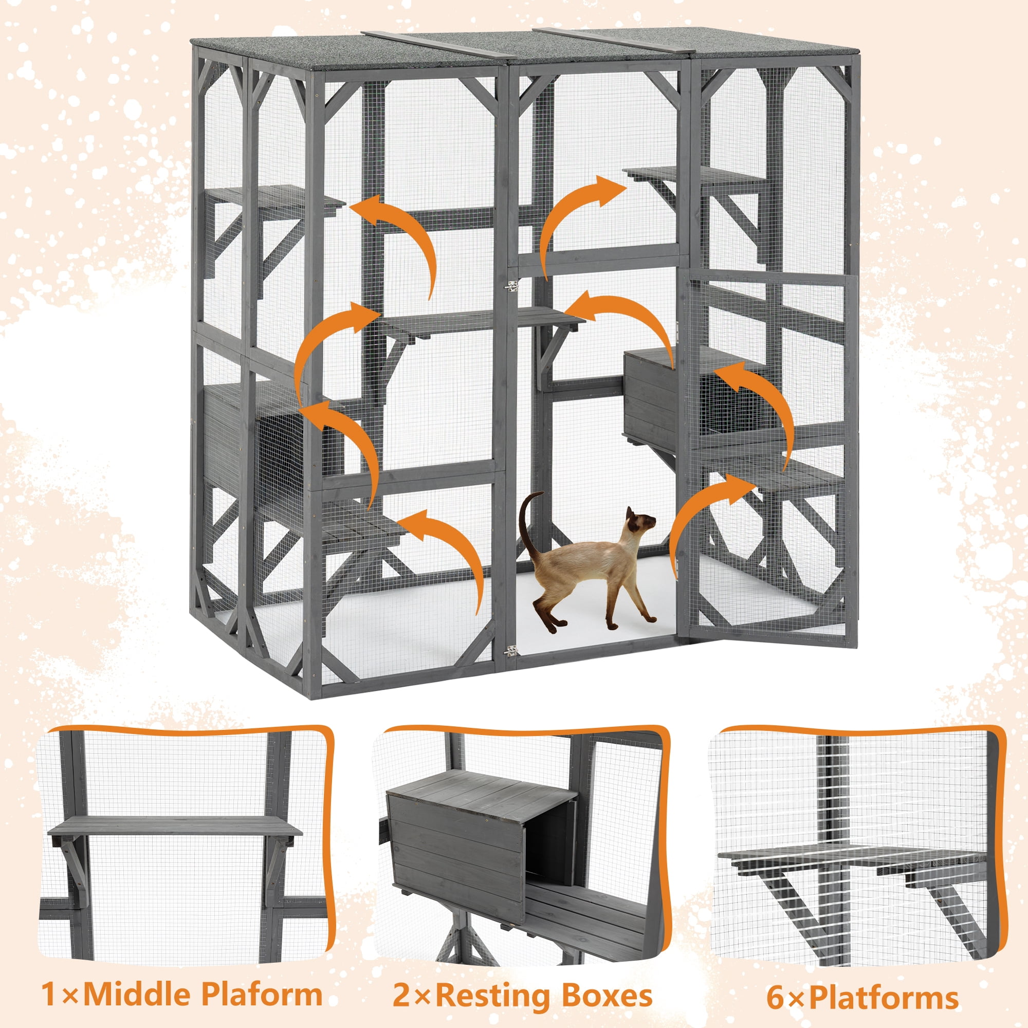 LZBEITEM 1-Story Waterproof Large Outdoor Cat House with 5 Platforms & Weather Protection, Grey