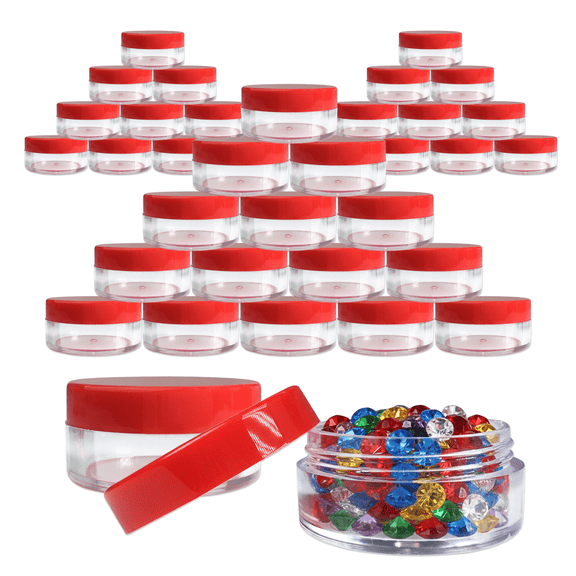 Beauticom 10g/10ml (0.36 oz) Clear Plastic Jars with Lids for Creams, Lotions, Make Up, Powders, and More… (Quantity: 40 Pieces, Color: Red Lids)