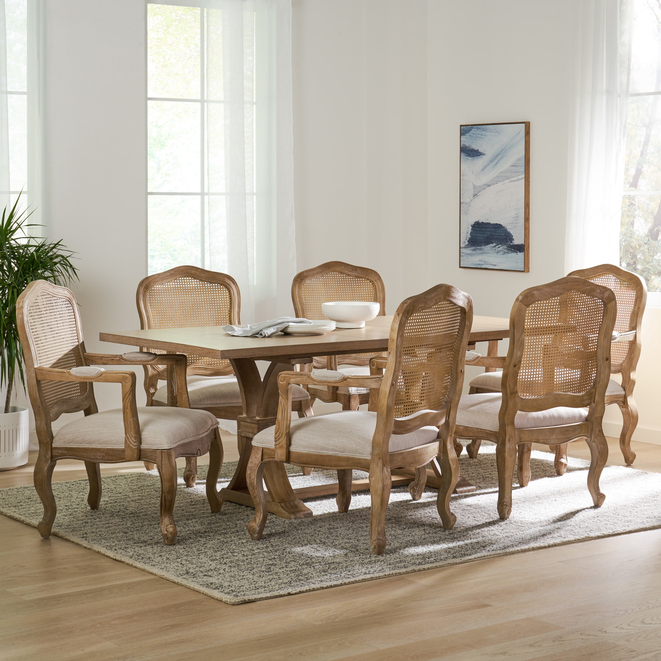 Noble House Corral Fabric and Rubberwood Dining Set, Beige, Natural