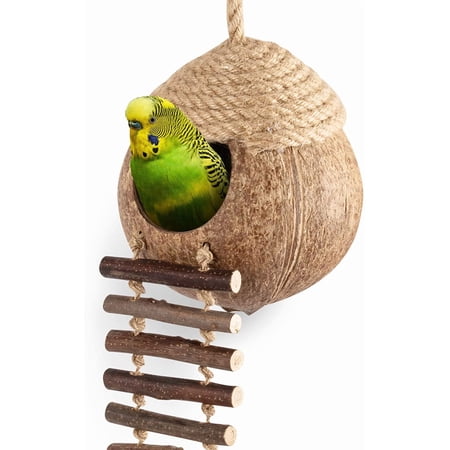Coconut Bird Nest Hut with Ladder for Parrots Parakeet Conures Cockatiel - Small Animals House Pet Cage Habitats Decor
