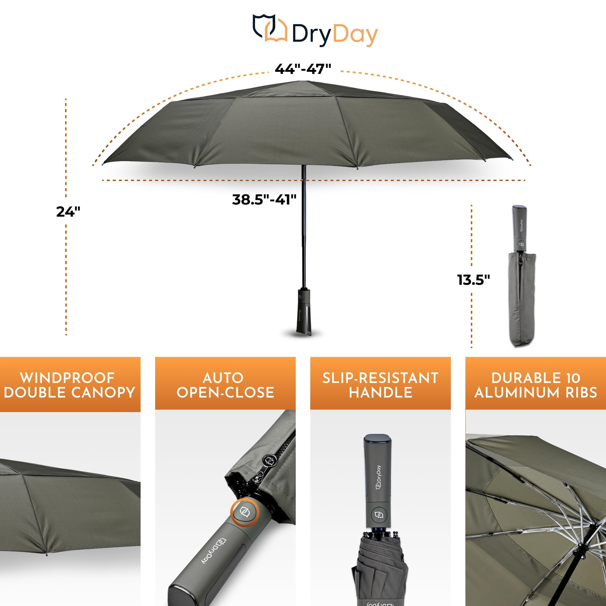DryDay 47” Premium Umbrellas for Rain, Large Windproof Double Canopy Umbrella, 10 Aluminum Ribs, Sturdy Frame, Auto Open Close Unique Handle, Windproof & Waterproof Umbrella for Women & Men, Khaki