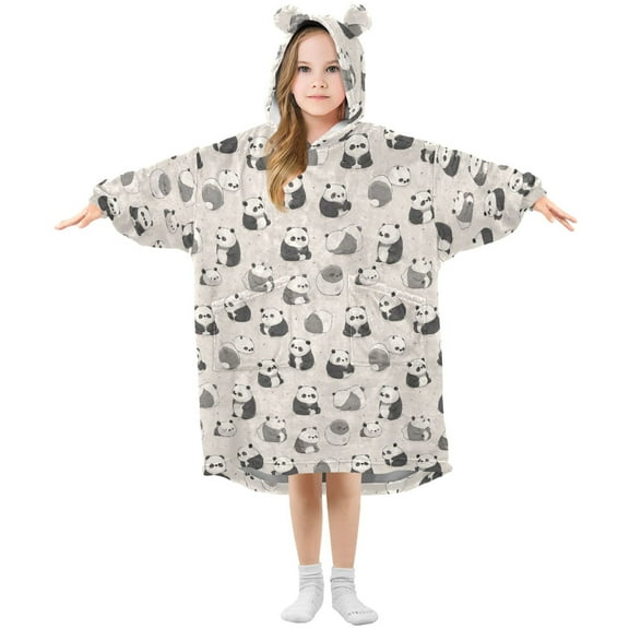 Wearable Blanket Hoodie for Kids Cute Panda Flannel Hooded Blanket with Pockets and Sleeves Suitable for Boys and Girls