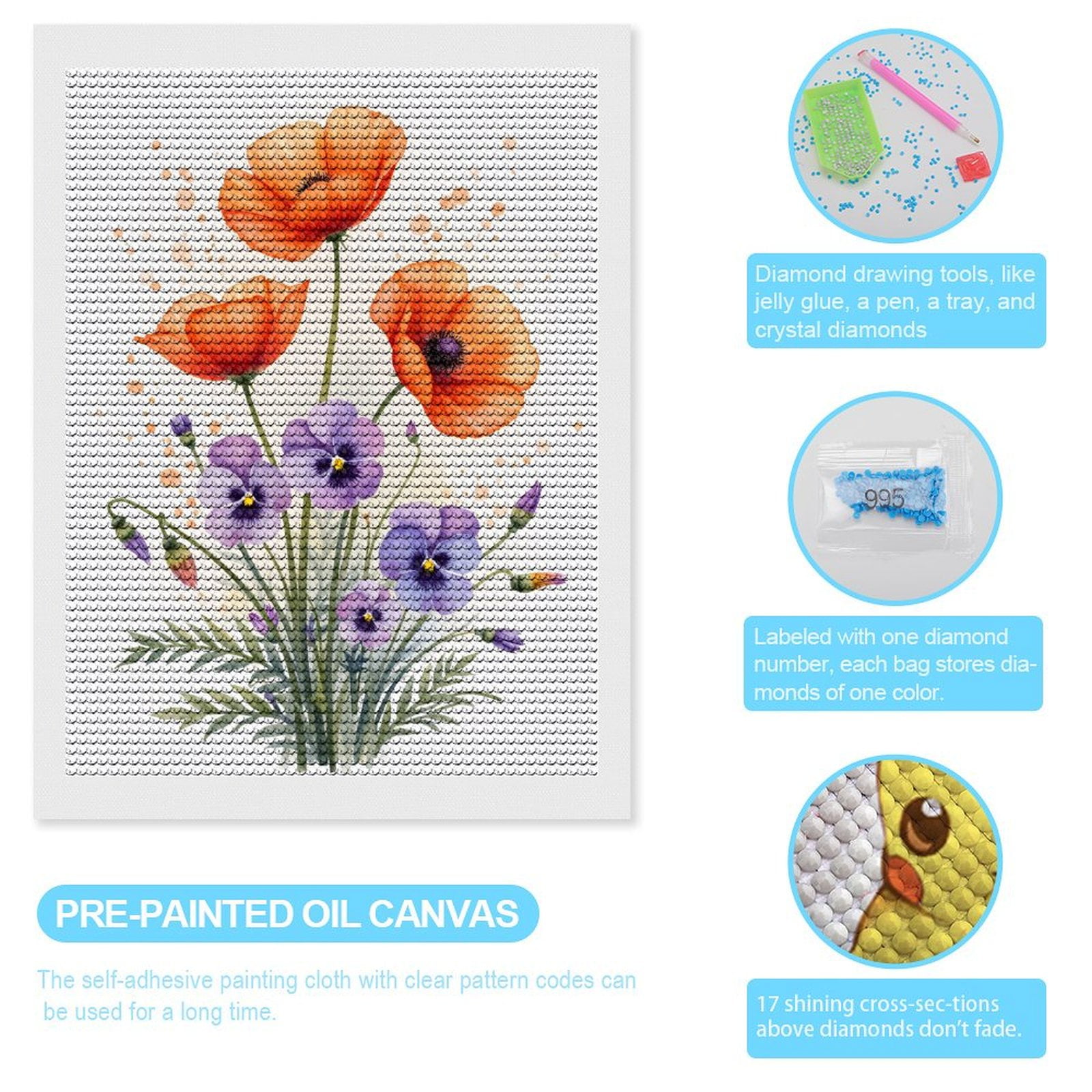 Diamond Art Kits for Adults, Orange Poppies Purple Blossoms Art 5D Diamond Painting Kits for Adults Beginners, DIY Full Drill Diamond Painting, Gem Art and Crafts 12x16