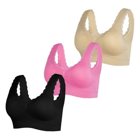 

Popvcly Women Sport Bra Wirefree Full Cup Lace Vest Seamless Solid Underwear with Pad 3-Pack