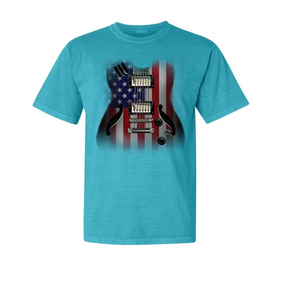 Wild Bobby, Flag Guitar, Streetwear, Garment-Dyed Washed Look Short Sleeve T-Shirt, Blue Lagoon, Small