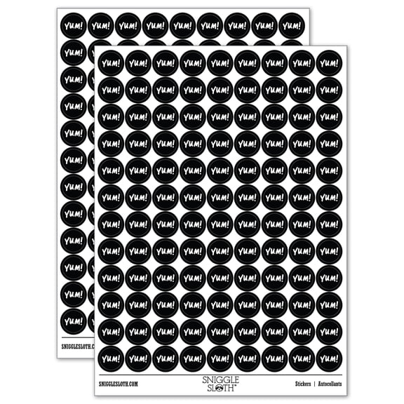 Yum Food Cooking Fun Text 200 Round Stickers - Black - Gloss Finish - 0.50" Size