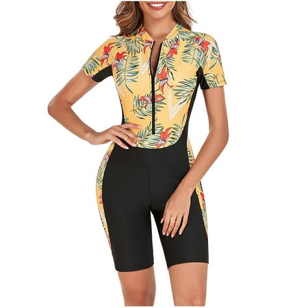 One Piece Swimsuit Women Surfing Short/Long Sleeve Rash Guard UV Protection Zipper Tropical Printed Bathing Suit (Small  Black)