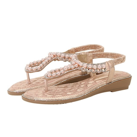 

Women Sandals clearance for Juebong Flat Sandals for Women Dressy Rhinestone Thong Flat Sandals Dress Cute Strappy Rhinestone Low Wedge Summer Bohemian Beach Shoes