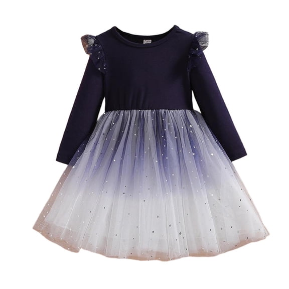 Girls Long Sleeve Ombre Tulle Dress with Star Glitter, Navy Blue Tutu Party Dress for Birthday Christmas Holiday, Size 4-10 Years,Size 7-8 T