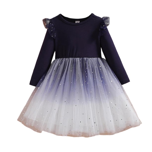 Vestido de cuello redondo y manga larga para niñas Vestido de cuello redondo y manga larga para niñas Falda de malla elegante Vestido de princesa elegante para niñas pequeñas Vestido de poliéster para