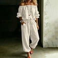 thumbnail image 2 of Ygbgbb Womens Off Shoulder 3/4 Sleeve Drawstring Waist Jogger Jumpsuit with Side Pockets for Vacation Beige XXL, 2 of 4