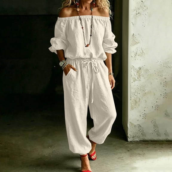 JOANKDMI Off The Shoulder Jumpsuits for Women Casual Long Rompers with Pockets Loose Fit Elastic Waist Drawstring Summer Beach Outfits Flowy One Piece Overalls