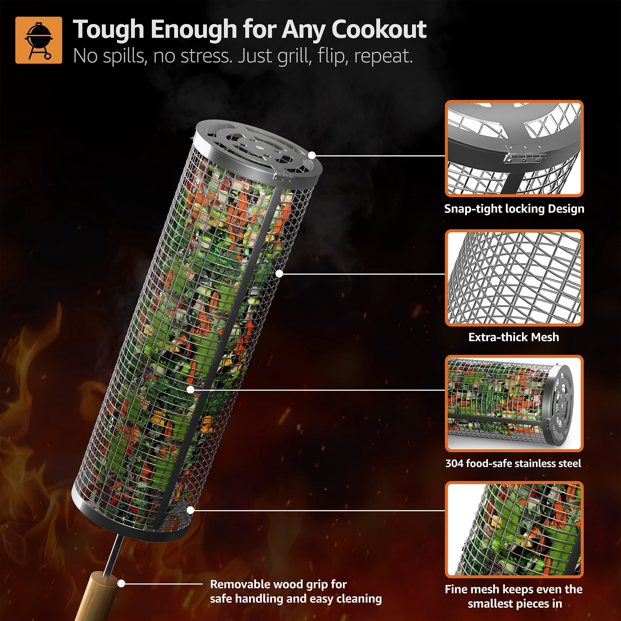 Sorbus Rolling Grill Baskets, 2 Pack, Stainless Steel BBQ Grilling Nets with Removable Handle
