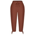 thumbnail image 4 of Pxkloy Womens Capri Pants High Waisted Wide Leg Lounge Linen Pant Summer Solid Color Drawstring Causal Cropped Trousers with Pockets Orange,L, 4 of 6