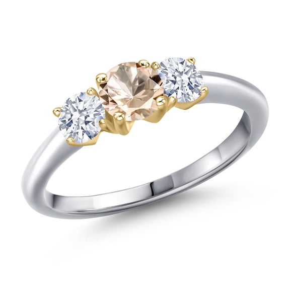 Gem Stone King 925 Silver and 10K Yellow Gold Peach Morganite and White Zirconia Engagement Ring for Women | 0.90 Cttw | Round 5MM | Gemstone October Birthstone | Size 9