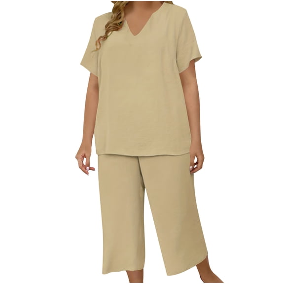 Aimik Ladies' Plus Size Plain Two-Piece Sets Short Sleeve V Neck Tops and Wide Leg Long Pants Oversized Womens Sets