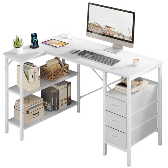 edx 47 Inch L Shaped Desk with Power Outlets, Computer Desk with 3 Drawers, Shelves, Monitor Stand, Corner Work, White