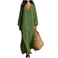 thumbnail image 2 of Guieoi Shift Dresses for Women 2026 Fall Long-Sleeve V-neck Cotton-Linen Split-Hem Dress Green XXL, 2 of 7