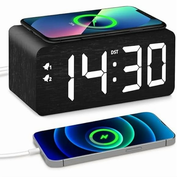 HAYANWood Digital Alarm Clock with 10W Fast Wireless Charger, USB Charging Ports, DST, Dimmable, Snooze, Large Number LED Display for Bedrooms, Desk, Living Room Table, Bedside, Nightstand (Black)