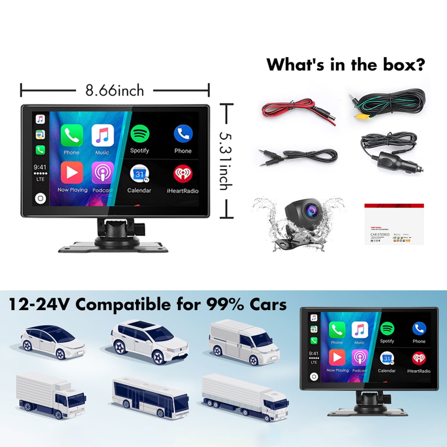 Portable Car Stereo, Wireless Apple CarPlay&Android Auto, 9” FHD Touchscreen Car Audio Receiver, Bluetooth, Rear Camera, Voice Control, AUX/USB/TF