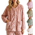 thumbnail image 3 of Women's Fuzzy Pajamas Tops Flower Jacquard Warm Long Sleeve Bed Jackets Button Down Sleepwear Winter Coats with Pockets, 3 of 9