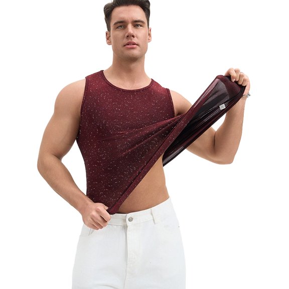 YAYUBA Men's Sequin Sleeveless Tank Top Sparkly Rave Metallic T-Shirt, , S